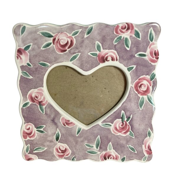 Vtg Ceramic Purple Pink Rose Flower Heart Picture Photo Frame 3.5X4" Charpente - Picture 1 of 12